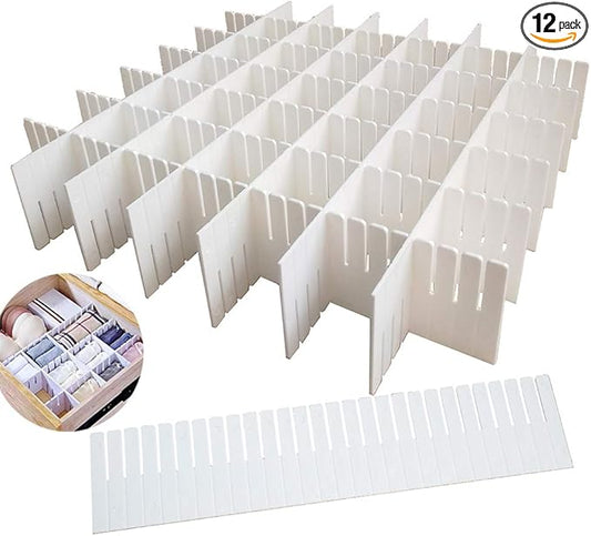 OJYUDD 12PCS DIY Plastic Grid Drawer Dividers,White Adjustable Sock Underwear Dresser Drawer Organizers Divider for Stationary Storage