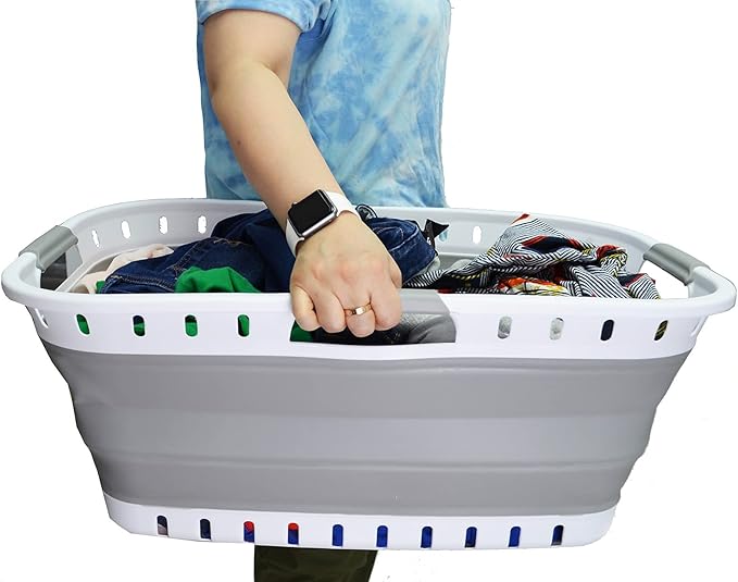 SAMMART 44L Collapsible Plastic Laundry Basket - Foldable Pop Up Storage Container/Organizer - Portable Hamper - Space Saving (1, White/Grey), Size: 25.4 x 17.3 x 10.2 inches