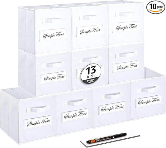artsdi 13x13x13 storage cube bins (Set of 10) Fabric storage cubes with 10 Labels Window Cards & a Pen, storage cubes 13x13, Collapsible 13 inch cube storage bins, Cubby Organizer Boxes, White