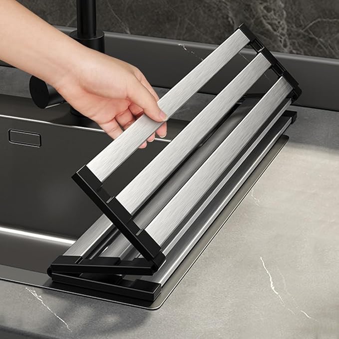 Stainless Steel Roll Up Dish Drying Rack, Over Sink Foldable Kitchen Mat, 45cm x 32.5cm Rollable Sink Drainer, Space-Saving Design (17.72" H x 12.8" W)
