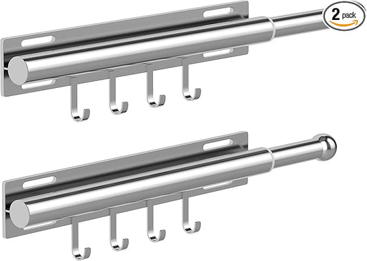 2 Pack Valet Rod for Closet Retractable with 4 Hooks, 13.4"-23.2" Pull Out Clothes Rail, Heavy Duty Alloy Steel Side Mount Wardrobe Bar, Adjustable Organizer for Laundry, Bathroom, Entrance (Nickel)