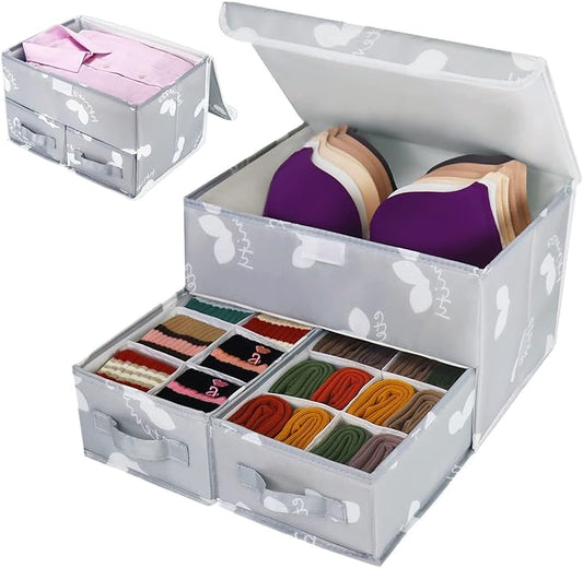 EASEVE Sock Underwear Drawer Divider - Closet Organizers and Dresser Organizer Wardrobe Clothes Box Storage Bins with Lid for Bra, Leggings, Shirt, Panty (1 Pack, Grey)