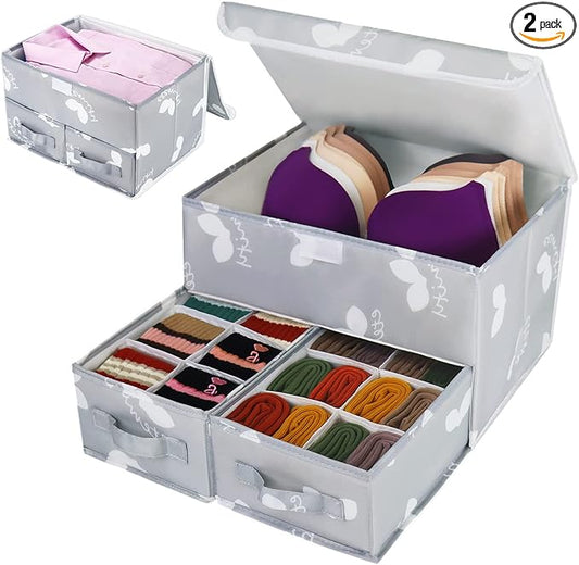 EASEVE 2 Pack Sock Underwear Drawer Organizer Divider - Closet Organizers and Storage Dresser Organizer Wardrobe Clothes Box Storage Bins with Lid for Bra, Socks, Leggings, Shirt, Panty (Grey)