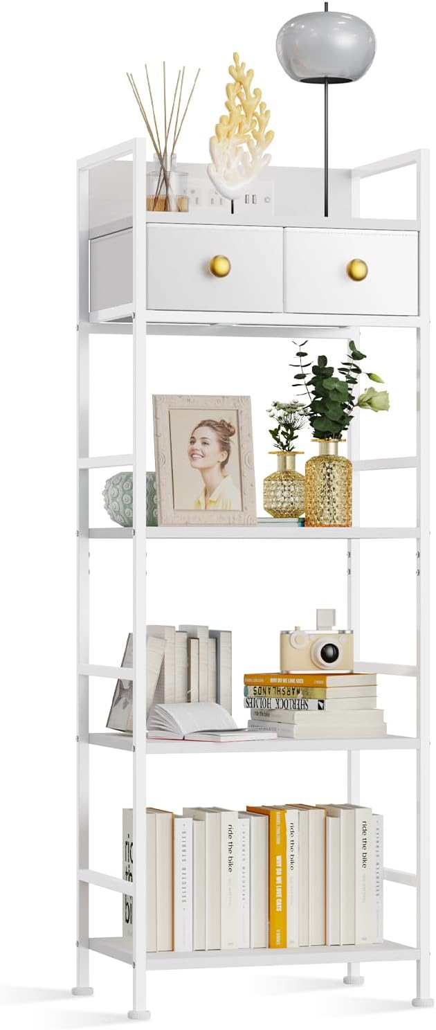 Storage Tower with USB Outlet & LED Lights, 2 Fabric Drawers and 4 Shelves, Narrow Closet Organizer for Bedroom, Bathroom, Entryway, White