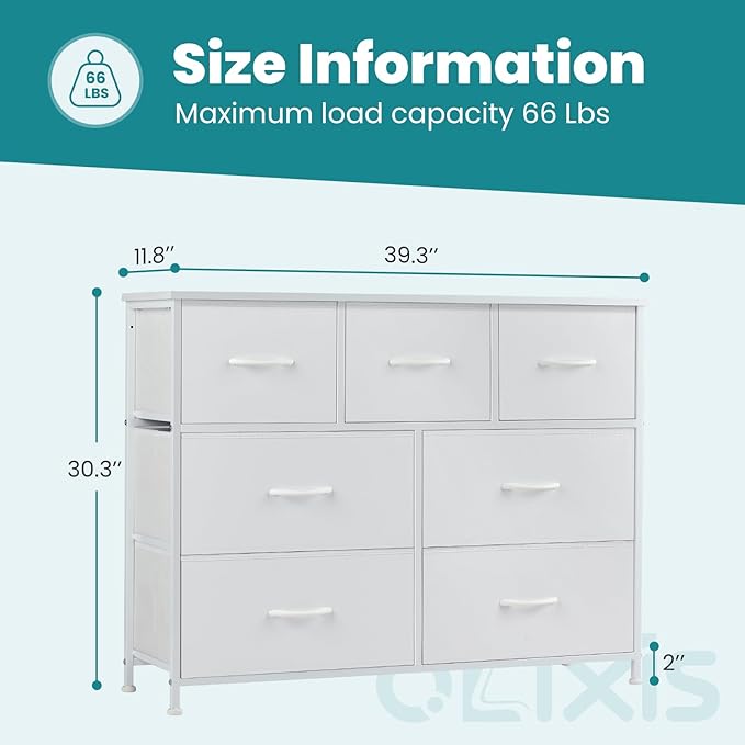 OLIXIS 7 Drawer Dresser for Bedroom, Wide Fabric Storage Tower with Wooden Top and Metal Frame, Closet Chest Organizer Furniture, TV Stand for Living Room Hallway, White
