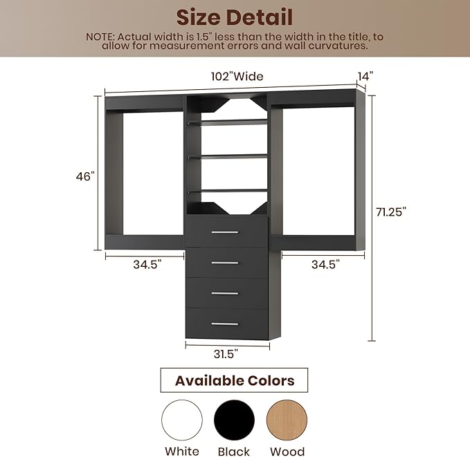 ROOMTEC Modular Closet System, 102" Wall-Mounted Closet Organizer with Drawers and Hanging Rods, Wooden Tower for Walk-In Closets, Wardrobe Storage Kit, Black