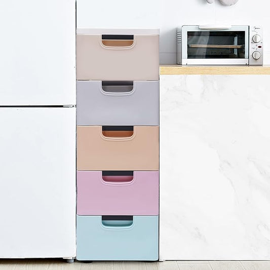 Plastic Storage Cabinet Stackable Storage Cart 5 Drawer Containers Storage Organizer Unit Mobile Stacking Bins [Multi Color 11.8"x15.7"x33.1"]