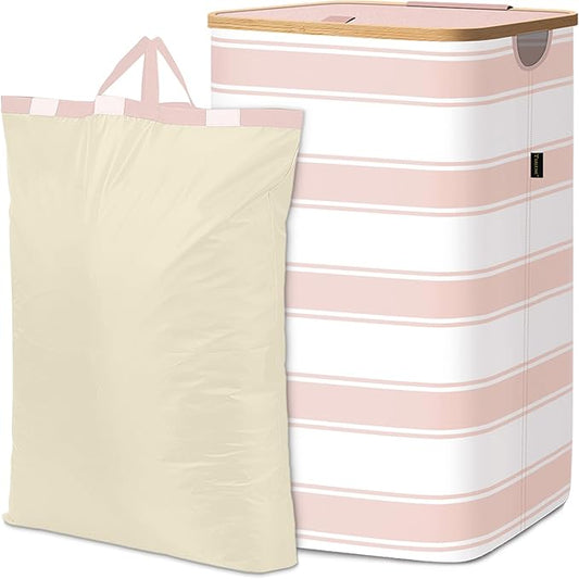 BALEINE Laundry Hamper with Lid, Tall Laundry Baskets with Bamboo Pull Handles, Large Laundry Bin with Internal Support (26 Gal/100L, Pink Stripe)
