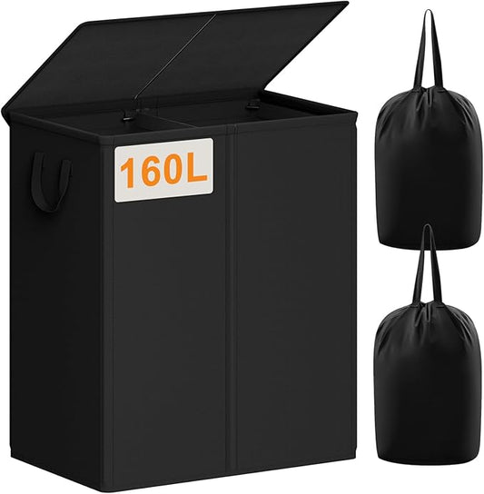 Chrislley 160L Laundry Hamper 2 Section, Double Laundry Basket with Lid, Large Dirty Clothes Hamper with Removable Liner Bags, Collapsible Laundry Organizer for Bedroom, Dorm,Black