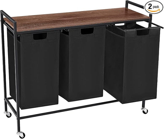 Laundry Sorter 3 Section, Rolling Laundry Hamper with Shelf, 3 Compartment Laundry Basket with Lid, Organizer Rustic Wooden Top (Black)