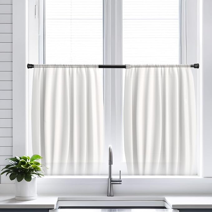 2 Pack Tension Curtain Rod 15.7-28 Inch, Small Short Adjustable Extendable Spring Loaded Rods for Windows Cabinet Blinds Closet Bedroom Kitchen Bathroom Door No Drilling, Black