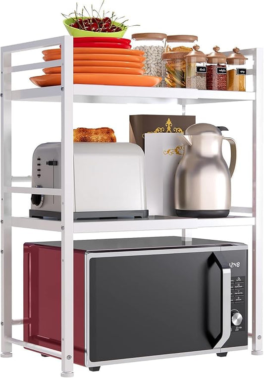 DOLALIKE Microwave Oven Rack, Expandable Microwave Stand Kitchen Countertop Organizer Utensils Storage, Carbon Steel Over Microwave Shelf with 3 Hooks (White, 3 Tier)