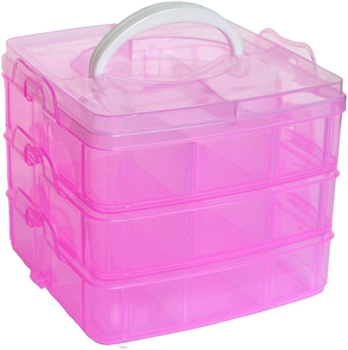 Kamay's 3-Tier Transparent Stackable Adjustable Compartment Slot Plastic Craft Storage Box Organizer Snap-Lock Tray Container 3 Sizes 4 Candy Colors Available (Medium 18 Compartment, Red)