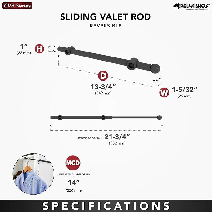 Rev-A-Shelf 14" Pull Out Valet Rod, Extendable Sliding Clothes Storage Hanging Rack with Mounting Hardware, Chrome, CVR-14-CR (2 Pack)