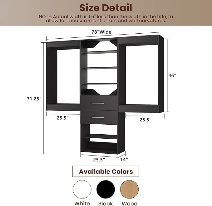 ROOMTEC Modular Closet System, 78" Wall Mounted Closet Organizer with Hanging Rods and Drawers, Wooden Tower for Walk-In Closets, Wardrobe Storage Kit, Black