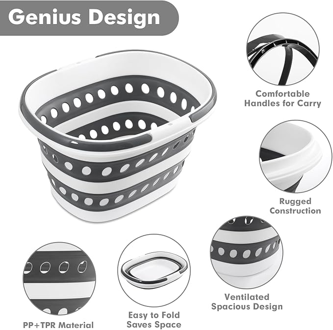 2 Packs Collapsible Laundry Baskets with Handles 7.4 Gallon Heavy Duty Laundry Basket Rectangle Pop Up Silicone Laundry Bucket Small Portable Storage Organizer Collapse Basket Small Room Organization