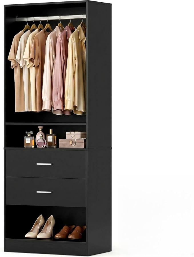 VOWNER 25'' Freestanding Closet System with Drawers & Hanging Rod, Wood Closet Organizer System, Walk-in Closet Shelving Unit, Clothes Garment Rack, Armoire Wardrobe Bedroom Entryway