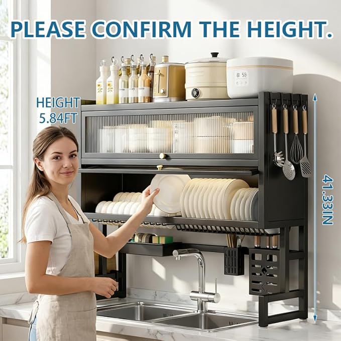 Over The Sink Dish Drying Rack, Piano Lacquer, Thickened Steel Pipe, Over Sink Dish Drying Rack, Over Sink Rack, for Dishes, Glasses, Bowls, Cutlery Black 37.4in (Large)