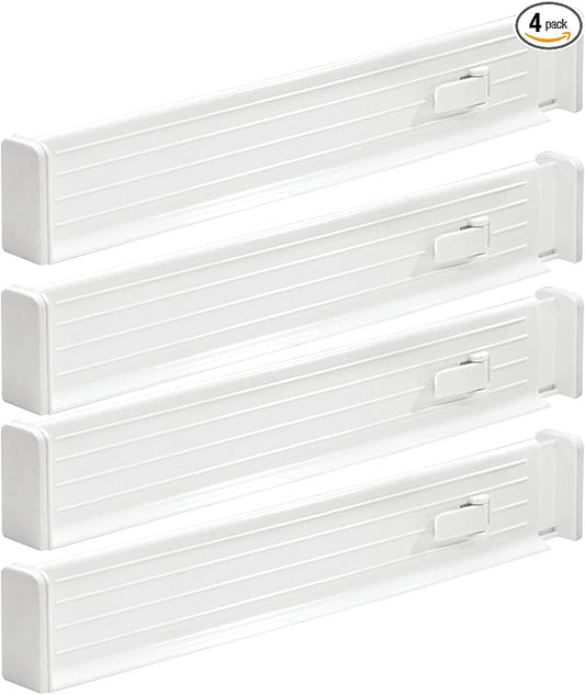 mDesign Expandable Dresser Drawer Divider with Foam Ends, Drawer Divider Locks in Place, Separators for Clothing and Accessories in Closet or Dresser Drawer, Ligne Collection, 4 Pack, White