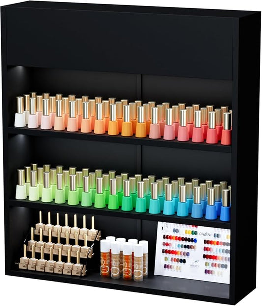 OmySalon Wall Mounted Display Rack, 32-Inch 3-Tier LED Nail Polish Organizer Shelf with USB Touch Control, for Nail Salon, Spa, Beauty Studio Storage, Wooden Retail Display (Black)