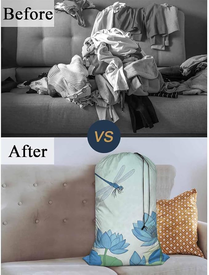Swono Lotus Flower Laundry Bag with Strap Machine Washable Large Dirty Clothes Organizer Dragonfly Summer Floral Pond Blossom Botany Easy Fit Laundry Hamper or Basket, Carry Up to 4 Loads of Laundry