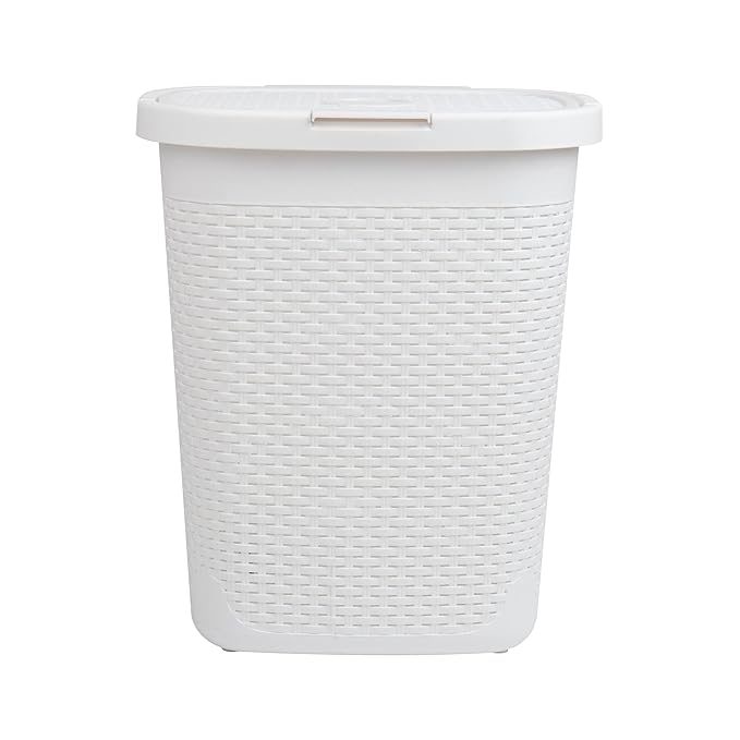 Mind Reader Slim Laundry Hamper with Lid, 50L Clothes Basket, Premium Wicker Design, Plastic, White