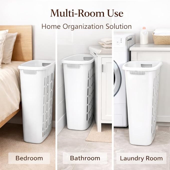 Rectangular Plastic Laundry Hamper, Slim Space-Saving Design for Narrow Areas, Open Top Clothes Basket for Laundry, Bathroom or Closet, White