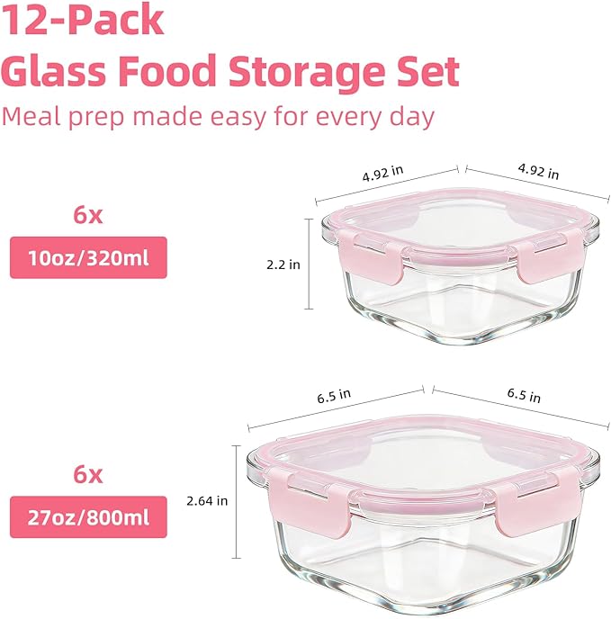Konokyo Square Glass Food Storage Containers with Lids, 24 Pack Airtight Leakproof Meal Prep Containers, BPA-Free, Microwave Oven Freezer & Dishwasher Safe, Assorted Sizes