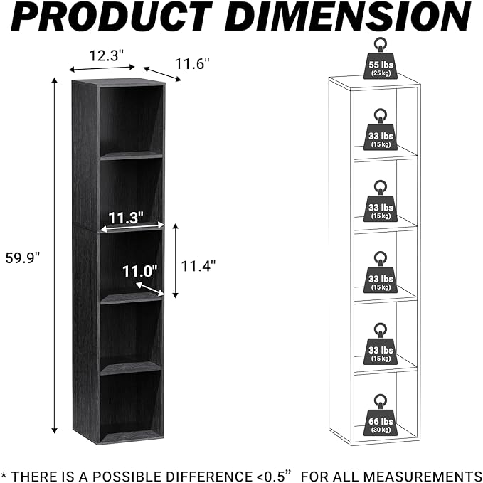 5 Cube Storage Organizer, Narrow Open Shelf Bookcase, Freestanding Low Display Bookshelf with Eco-Friendly Melamine Surface for Home Office, Bedroom, Living Room, Study, Black