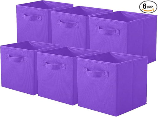 PowerKing Collapsible Storage Cubes with Handles, Fabric Foldable Bins for Closet Shelves, Durable Organization Storage Bins, 10.5'' x 11'' x 10.5'' (6Pack, Violet)