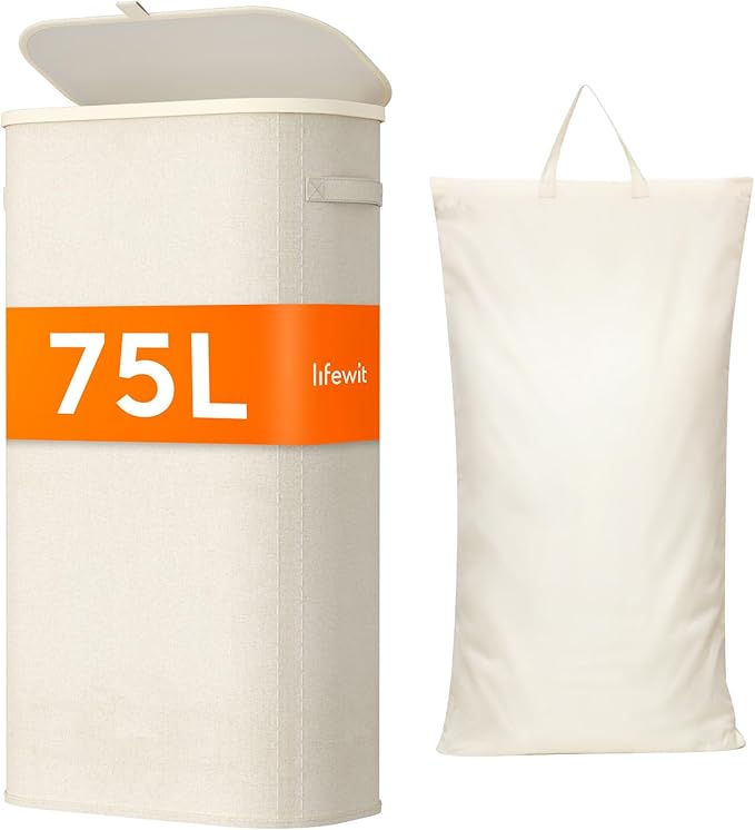 Lifewit 75L Slim Laundry Basket with Lid, Narrow Large Laundry Hamper with Plastic Handles and Removable Bag, Tall Foldable Dirty Clothes Hampers for Laundry Room, Bedroom, Bathroom, Dorm, White