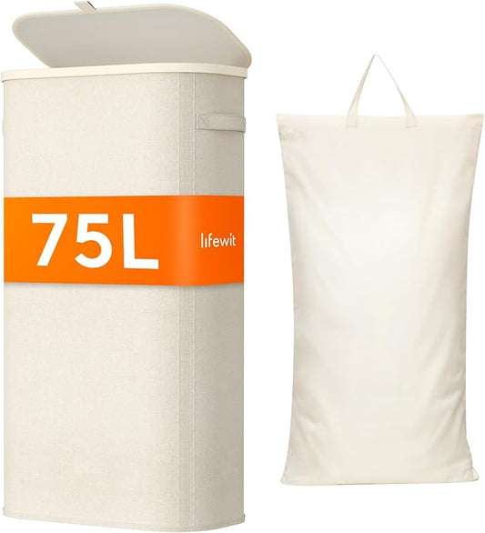Lifewit 75L Slim Laundry Basket with Lid, Narrow Large Laundry Hamper with Plastic Handles and Removable Bag, Tall Foldable Dirty Clothes Hampers for Laundry Room, Bedroom, Bathroom, Dorm, White