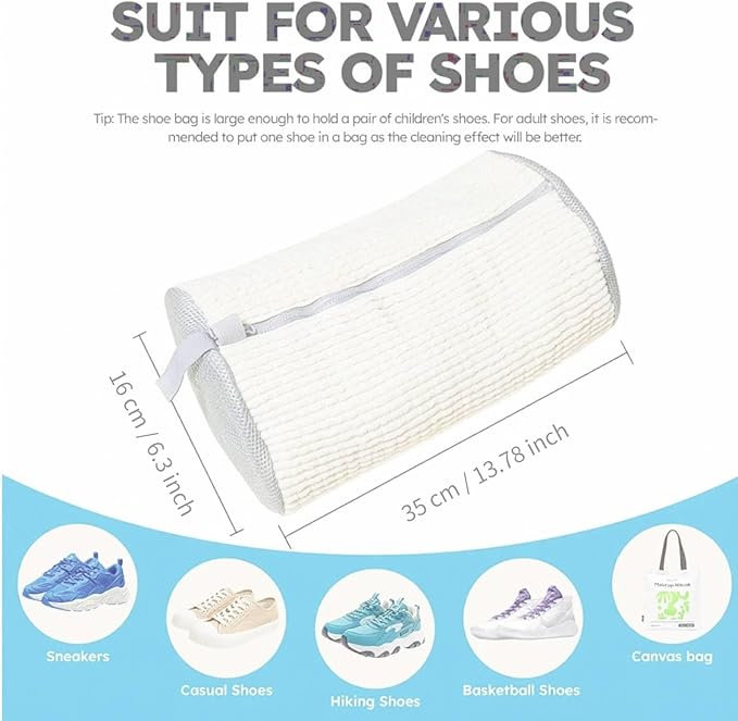 Shoe Washing Machine Bag for Cleaning, 2 Pack 360°Protect Sneaker Laundry Bag for Shoes Reusable Durable Fibers Adjustable Washer Bag with Zipper for Tennis Gym Sneakers Shoe Dryer (White)