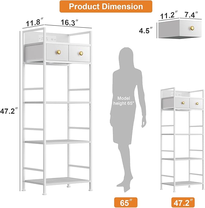 Storage Tower with USB Outlet & LED Lights, 2 Fabric Drawers and 4 Shelves, Narrow Closet Organizer for Bedroom, Bathroom, Entryway, White