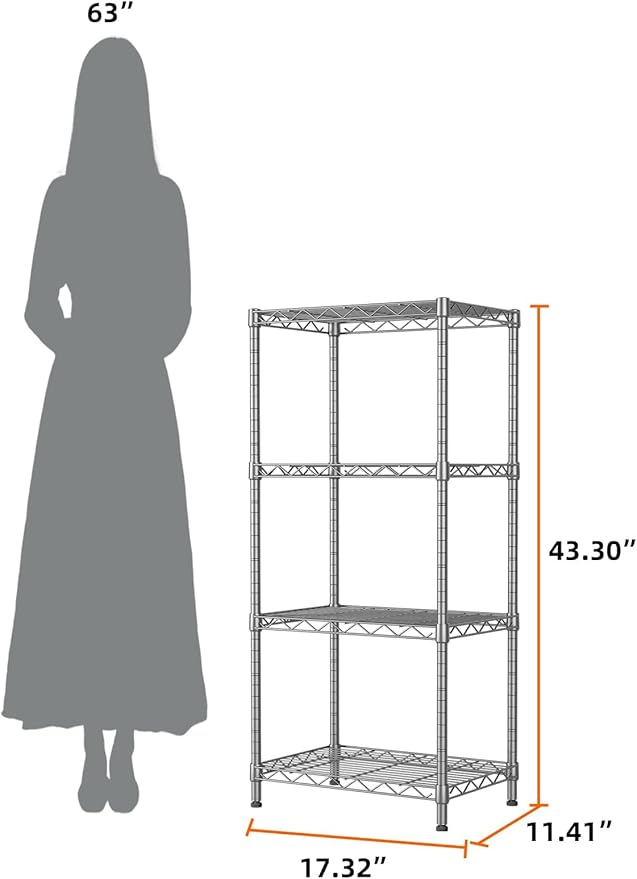 SINGAYE 4 Tier Shelf Adjustable Storage Shelf Wire Shelving 400LBS Load Capacity Metal Storage Rack for Kitchen Office Home Storage Pantry Room Silver 12" DX18 WX43.5 H