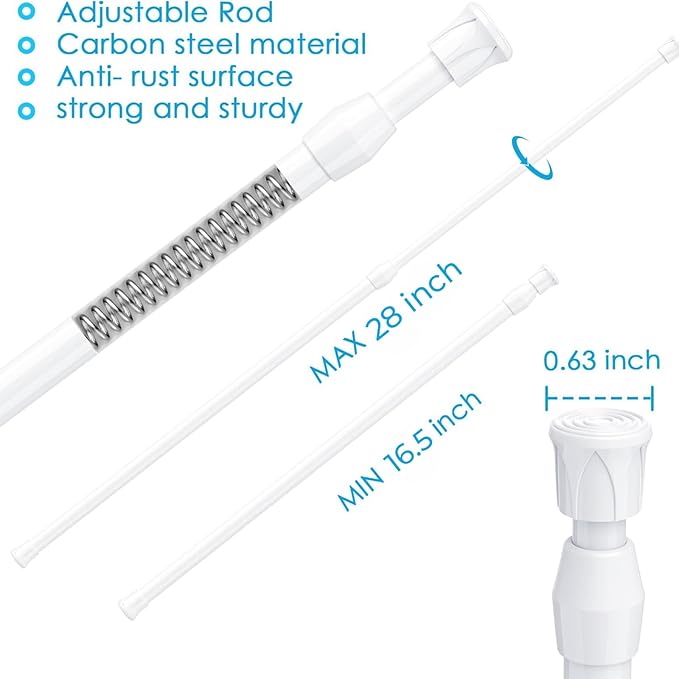 MEXAU White Tension Curtain Rod 16 - 28 inch Spring Tension Rod Curtain Rod Adjustable Spring Rod Extendable Tension Rod for Kitchen, Bathroom, Window, Closet.
