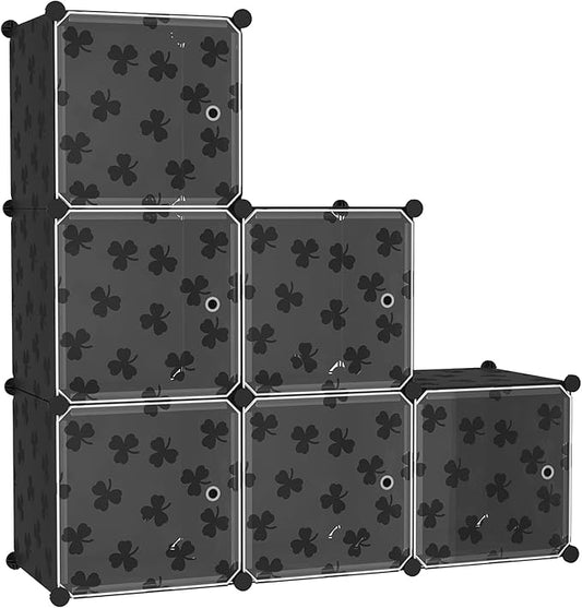 C&AHOME Cube Storage Organizer with Doors, 6-Cube Shelves, DIY Plastic Modular Bookshelf, Closet Clothes Storage Shelving Ideal for Bedroom, Living Room, Clover Embossed, Black