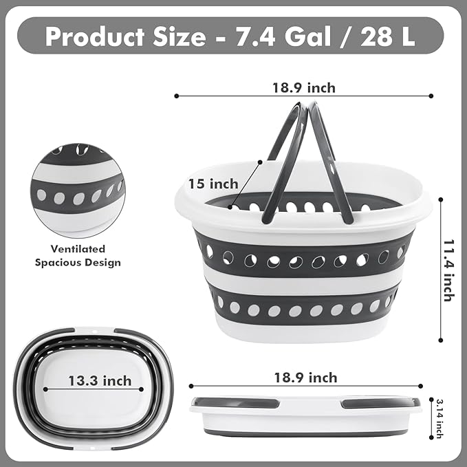 Collapsible Laundry Baskets with Handles 7.4 Gallon Heavy Duty Laundry Basket Rectangle Pop Up Silicone Laundry Bucket Small Portable Storage Organizer Collapse Basket Small Room Organization