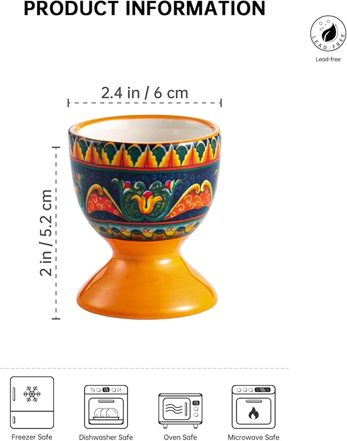 Henten Home Ceramic Egg Cup Set, Colorful Egg Cup Set of 6, Boho Style Egg Holder for Soft Boiled Eggs, Breakfast, Easter, Dishwasher & Microwave Safe