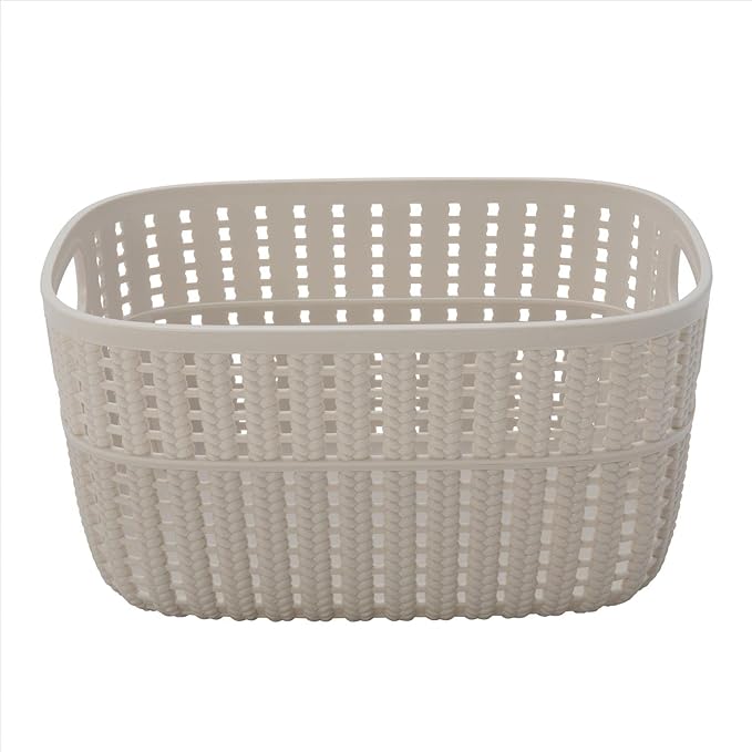 Simplify 2 Pack 2 Tone Sailor Knot Plastic Storage Tote | Decorative Basket | Closet Organization | De-clutter | Accessories | Toys | Bathroom Organization | Small | Ivory