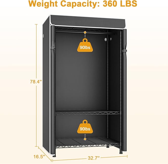 ULIFHOME H5C Clothes Rack with Cover, Portable Closet for Hanging Clothes, Covered Clothing Racks Heavy Duty, Freestanding Garment Racks with Shelves Max Load 360LBS Black Closet Rack with Black Cover
