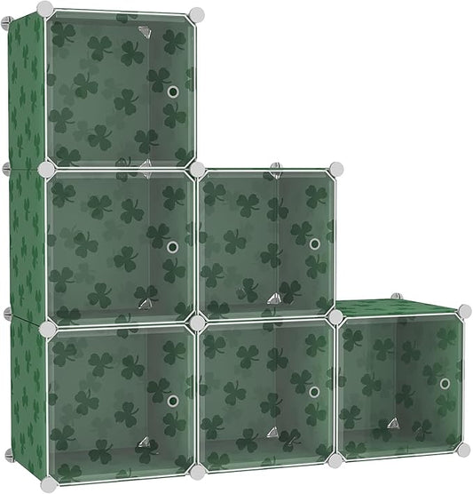 C&AHOME Cube Storage Organizer with Doors, 6-Cube Shelves, DIY Plastic Modular Bookshelf, Closet Clothes Storage Shelving Ideal for Bedroom, Living Room, Clover Embossed, Green