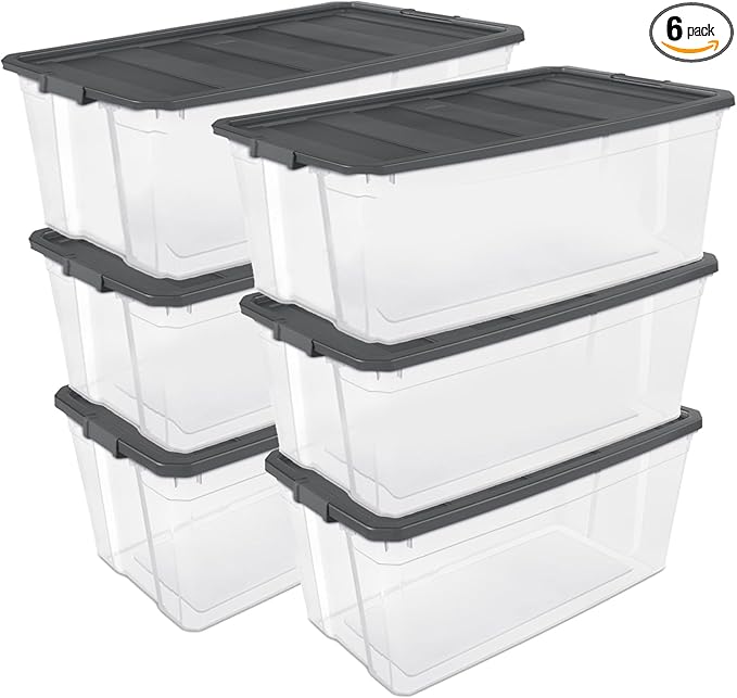 Sterilite 6-Pack Modular Stacker Box, Durable Clear Plastic Storage Bins with Latching Lids, 200 Quart - Stackable Organizing Container Boxes for Closet, Bathroom, and Office