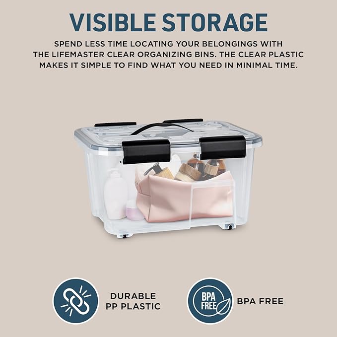 Lifemaster Stackable Storage Box Set - 6 Pieces 12 Quarts Multi-purpose, Space-Efficient Stackable Storage Boxes with Nestable Design, Secure Latches, Easy-Move Wheels & Pull-Out Base - Clear