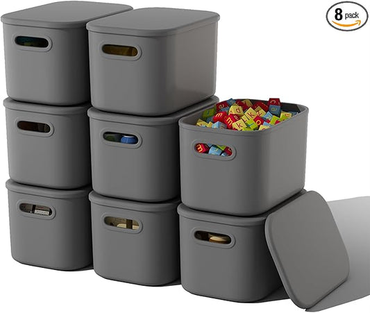 ORGIDOL 8 Pack Dark Grey Storage Bins with Lids Stackable Storage Container for Organizing, Storage Boxes with Handle for Shelves, Cute Organizer Bins for Craft, Snacks, 9.85x6.9x5.7 inch