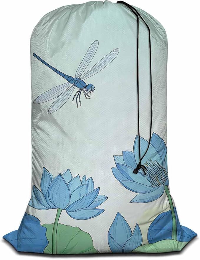 Swono Lotus Flower Laundry Bag with Strap Machine Washable Large Dirty Clothes Organizer Dragonfly Summer Floral Pond Blossom Botany Easy Fit Laundry Hamper or Basket, Carry Up to 4 Loads of Laundry