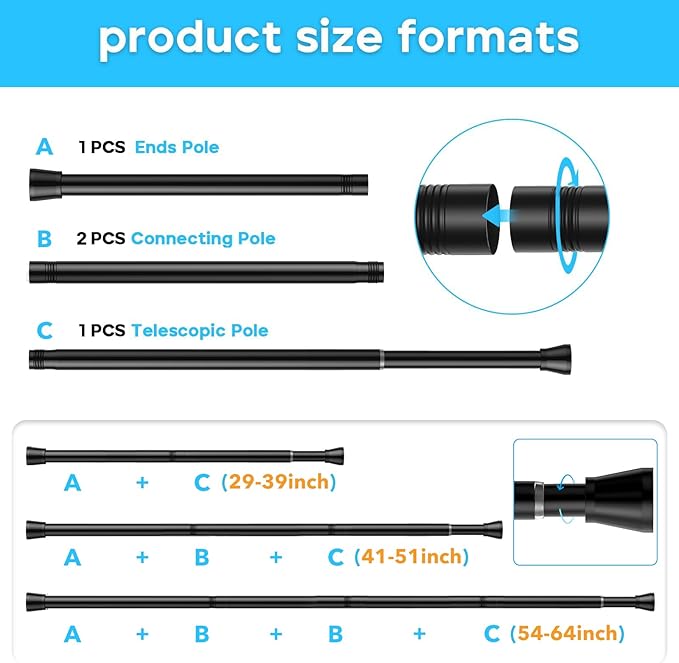 MEXAU 4Pack Black Tension Curtain Rod for Windows 29 to 64 inch, Never Rust adjustable curtain rod tension curtain rods no drilling，7/8 Inch spring loaded curtain rods for Doorway Closet Door