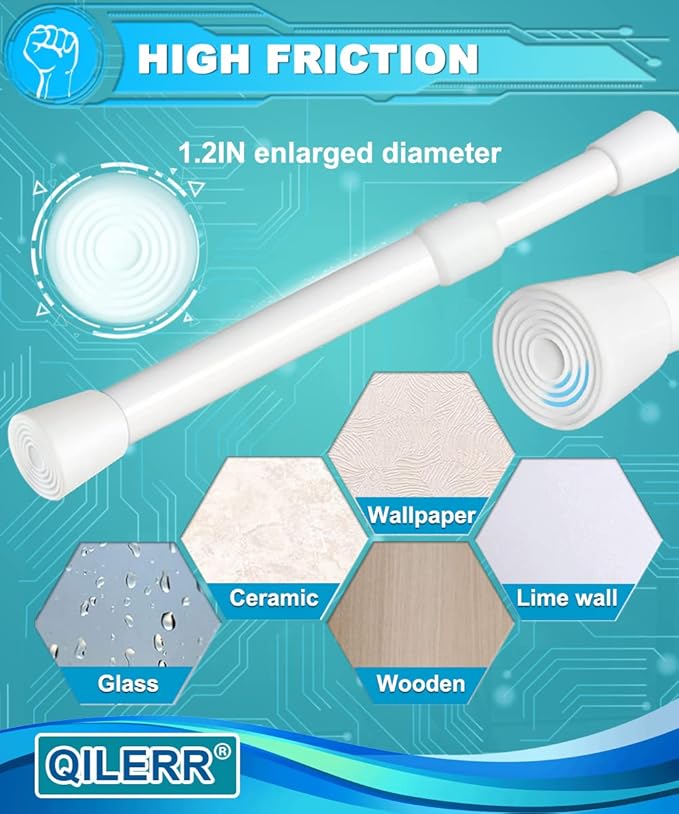 Short Tension Rod 16 to 28 Inche Small Shower Curtain Rods No Drilling Adjustable Heavy Duty Extension Loaded Spring Tension Rod for Windows, Closets, Curtains, 7/8" Diameter, White