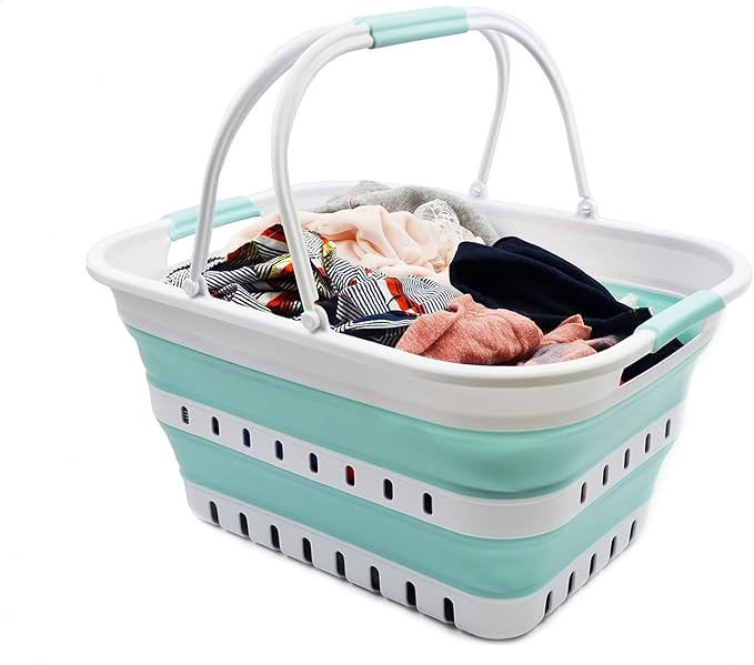 SAMMART Collapsible Laundry Basket with Handles 29L (7.6 Gallon) - Portable Outdoor Picnic Hamper/Crate - Foldable Space Saving Storage Container for Laundry, Camping & Home (White/Lake Green, 1)
