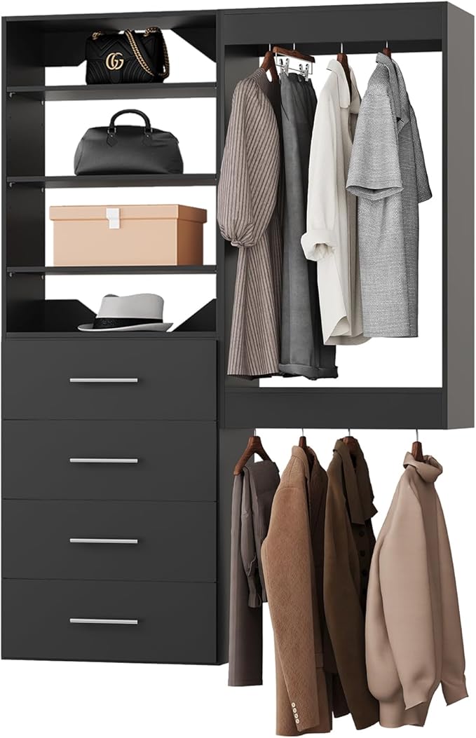 ROOMTEC Modular Closet System, 58" Wall-Mounted Closet Organizer with Drawers and Hanging Rods, Wooden Tower for Walk-In Closets, Wardrobe Storage Kit, Black